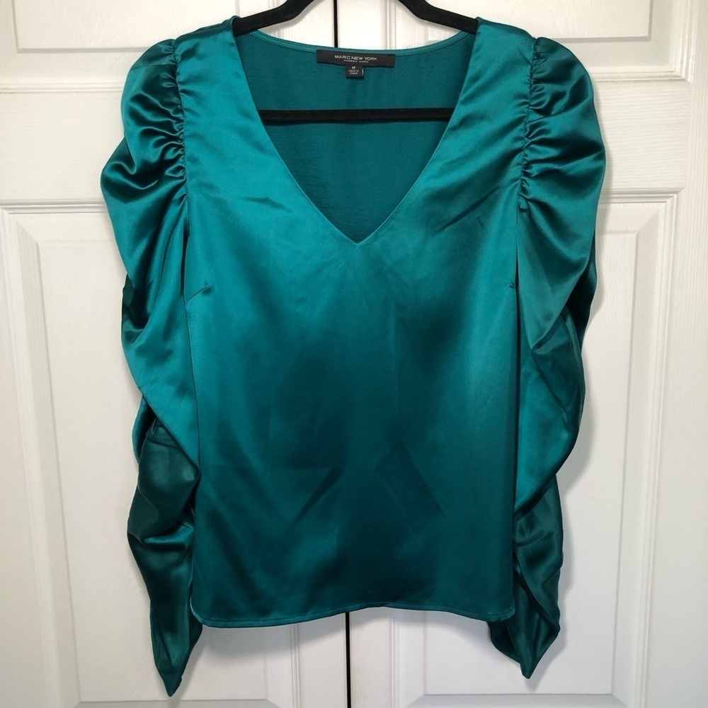 Dark Green Marc New York Puffy Sleeve Satin Long Sleeve Blouse Size M